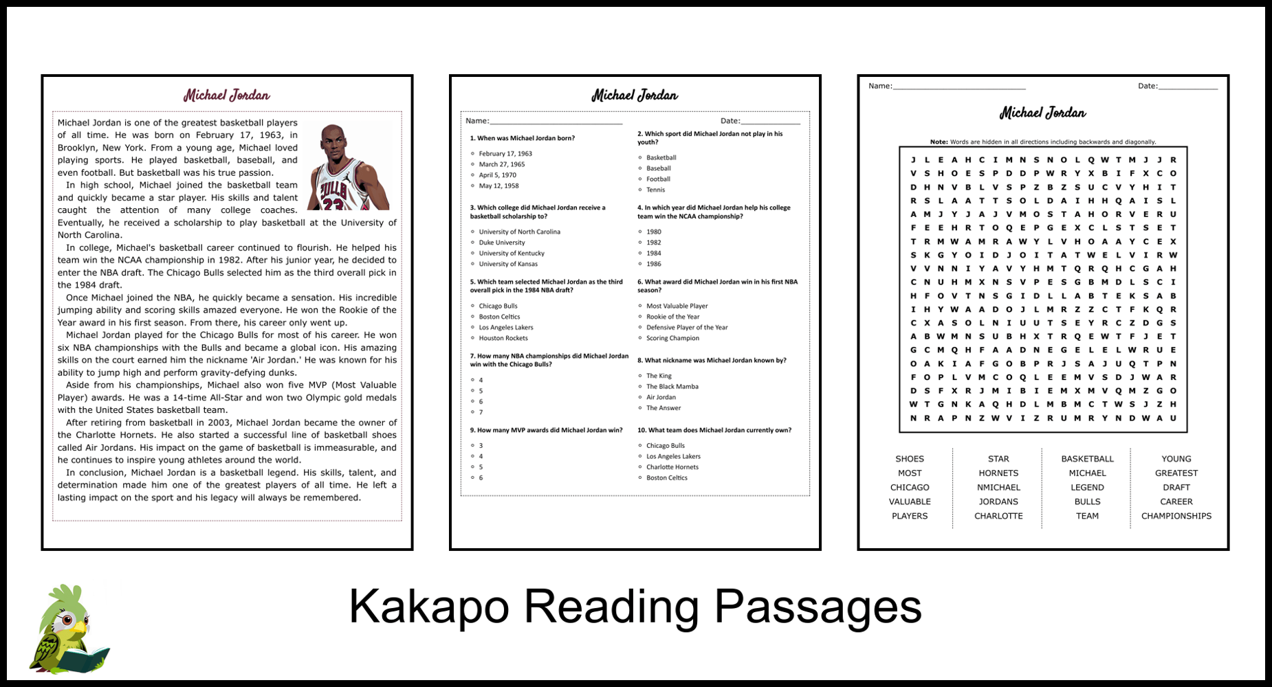 Michael Jordan Reading Comprehension and Word Search Teaching Resources