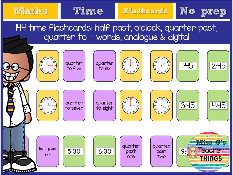 Half past, o'clock, quarter past, quarter to 144 time flashcards words