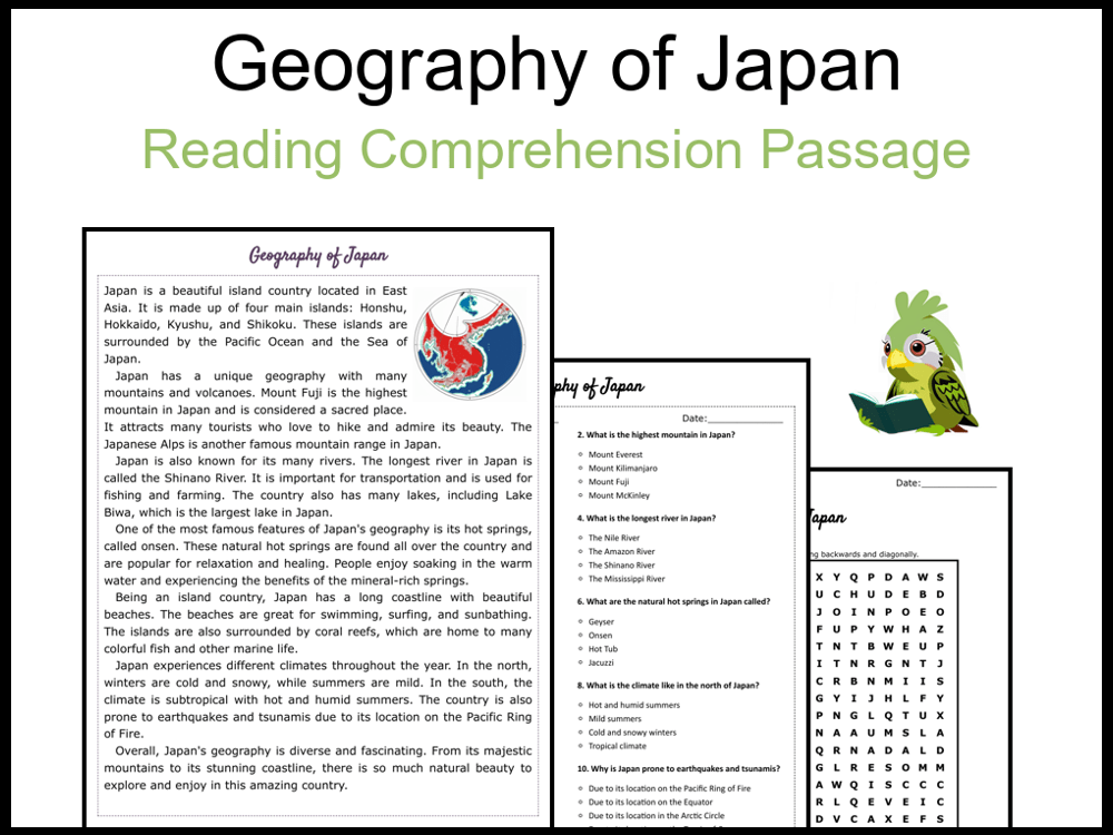 Geography of Japan Reading Comprehension and Word Search Teaching