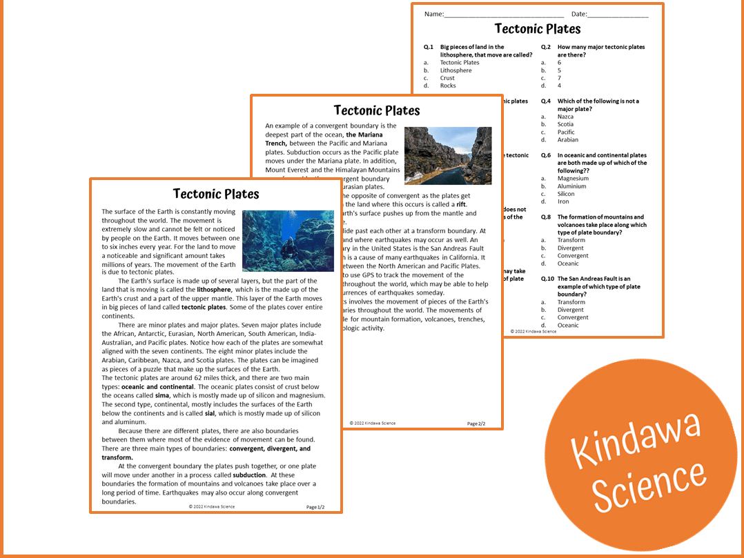Tectonic Plates Reading Comprehension Passage and Questions PDF