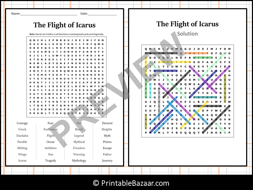 The Flight of Icarus Word Search Puzzle Worksheet Activity Teaching