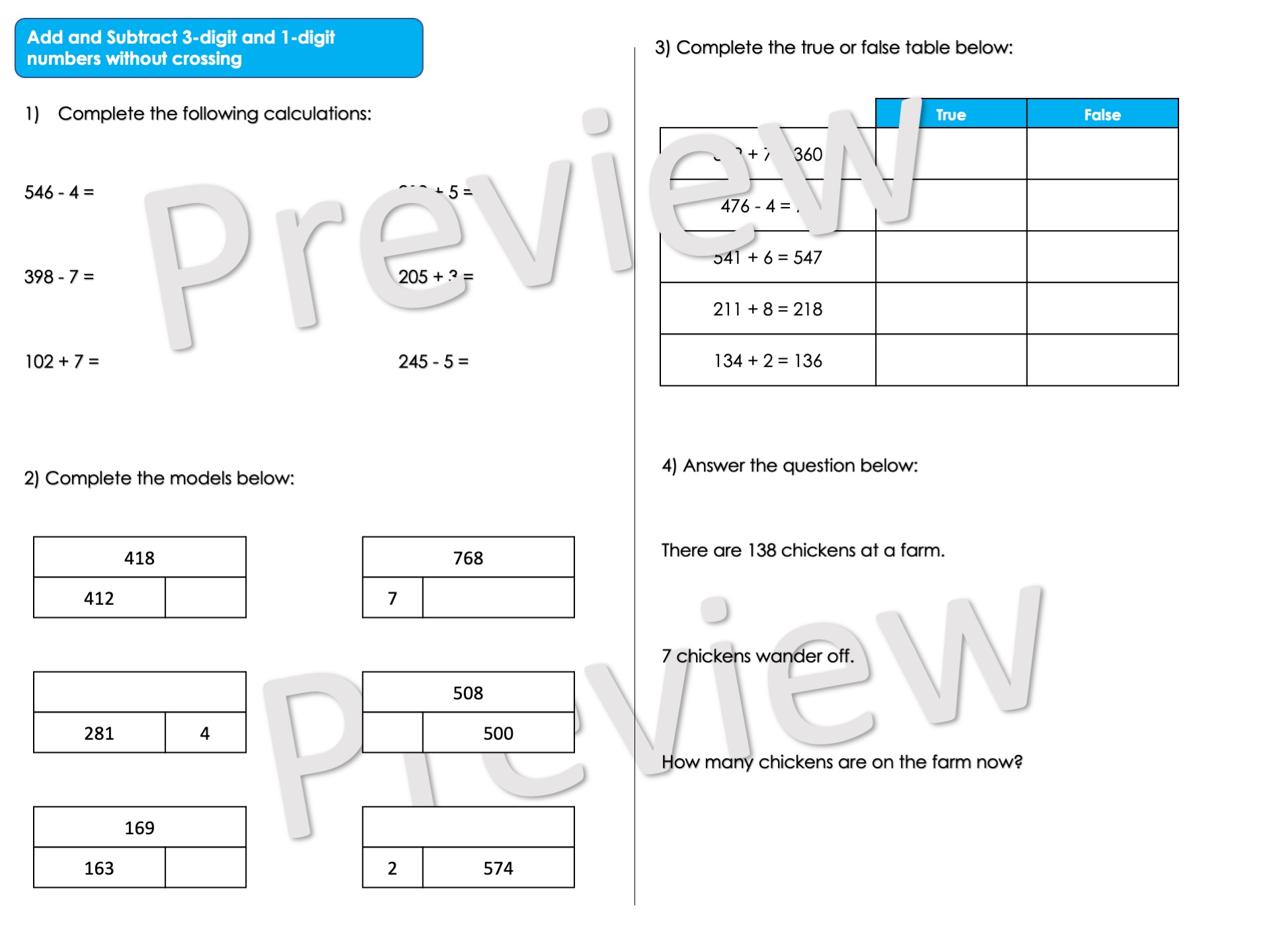 Adding and Subtracting 3-digit and 1-digit Numbers Mentally Worksheet