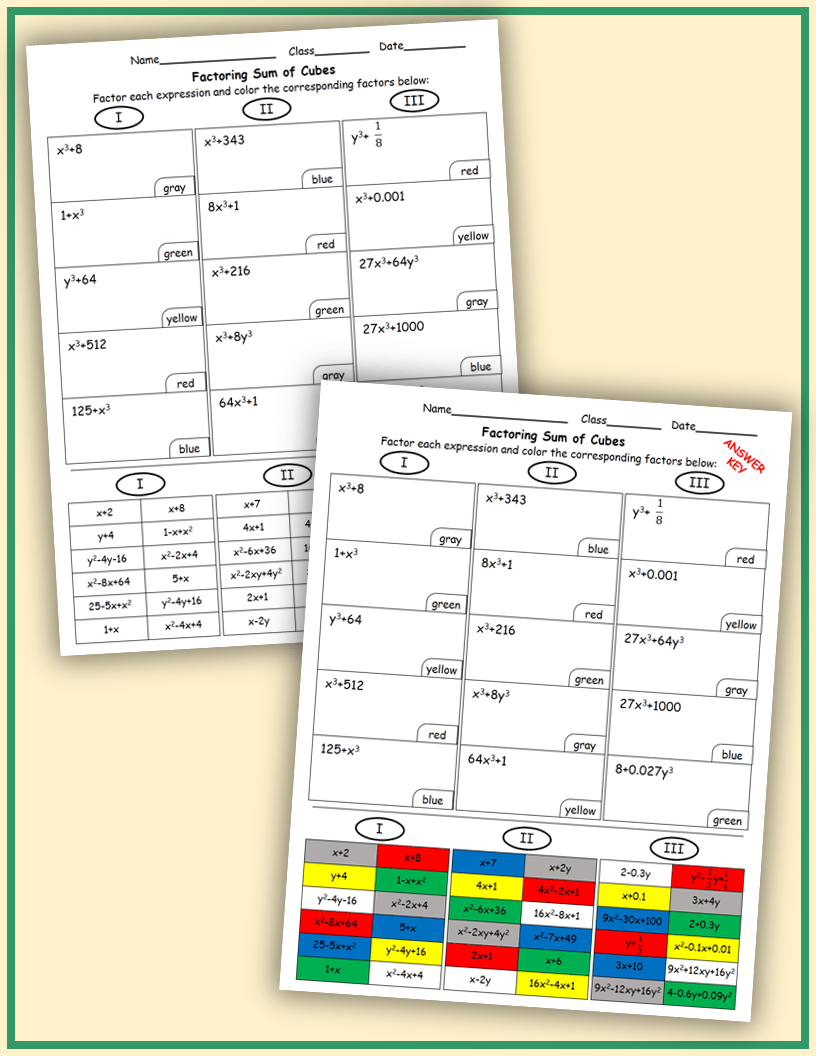 Factoring Sum & Difference of Cubes Color Mosaic Teaching Resources
