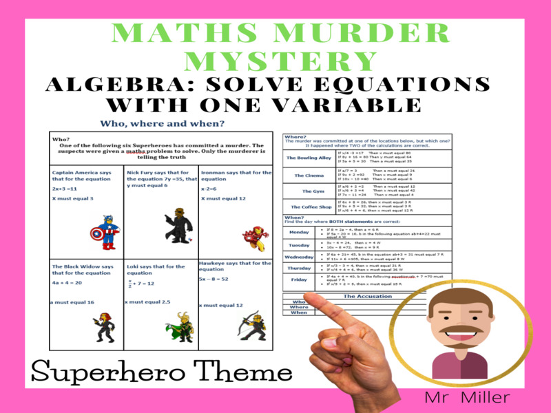 Maths Murder Mystery Algebra Solving Equations with one variable Teaching Resources