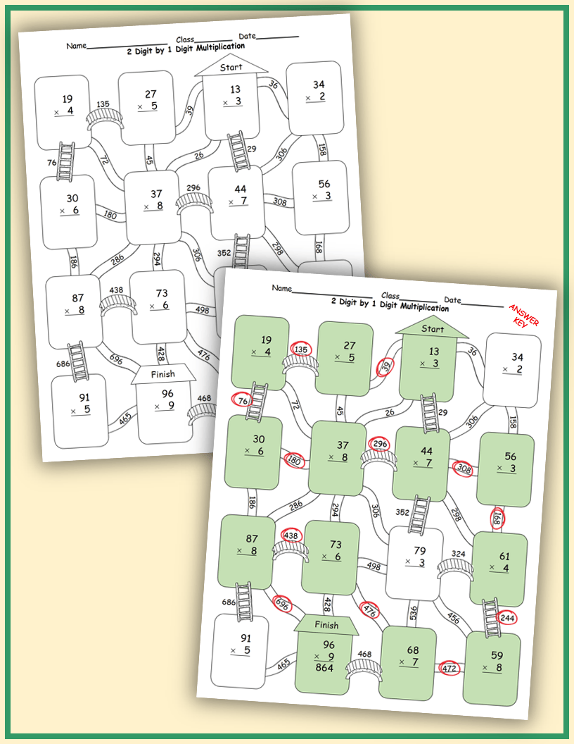 2 Digit by 1 Digit and 3 Digit by 1 Digit Multiplication Maze