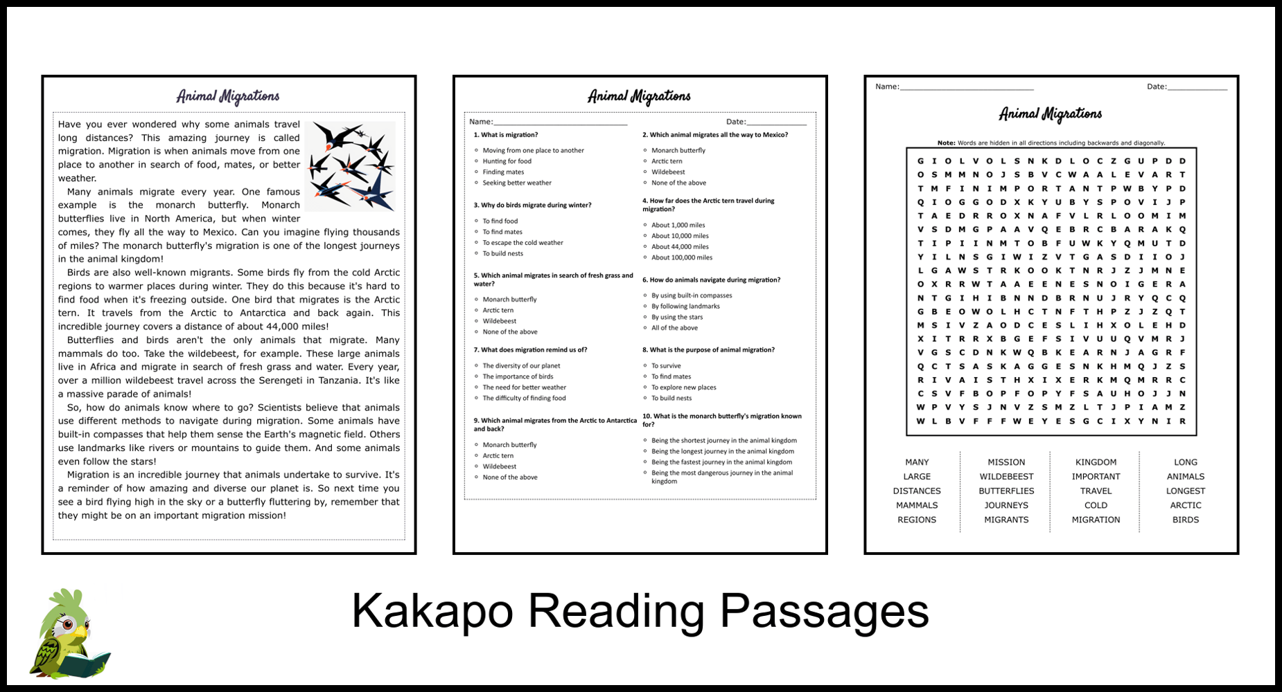 Animal Migrations Reading Comprehension and Word Search Teaching Resources