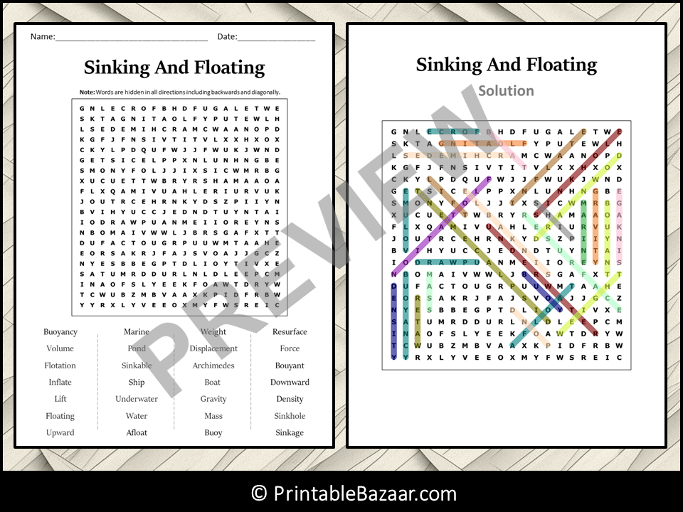 Sinking And Floating Word Search Puzzle Worksheet Activity Teaching Resources