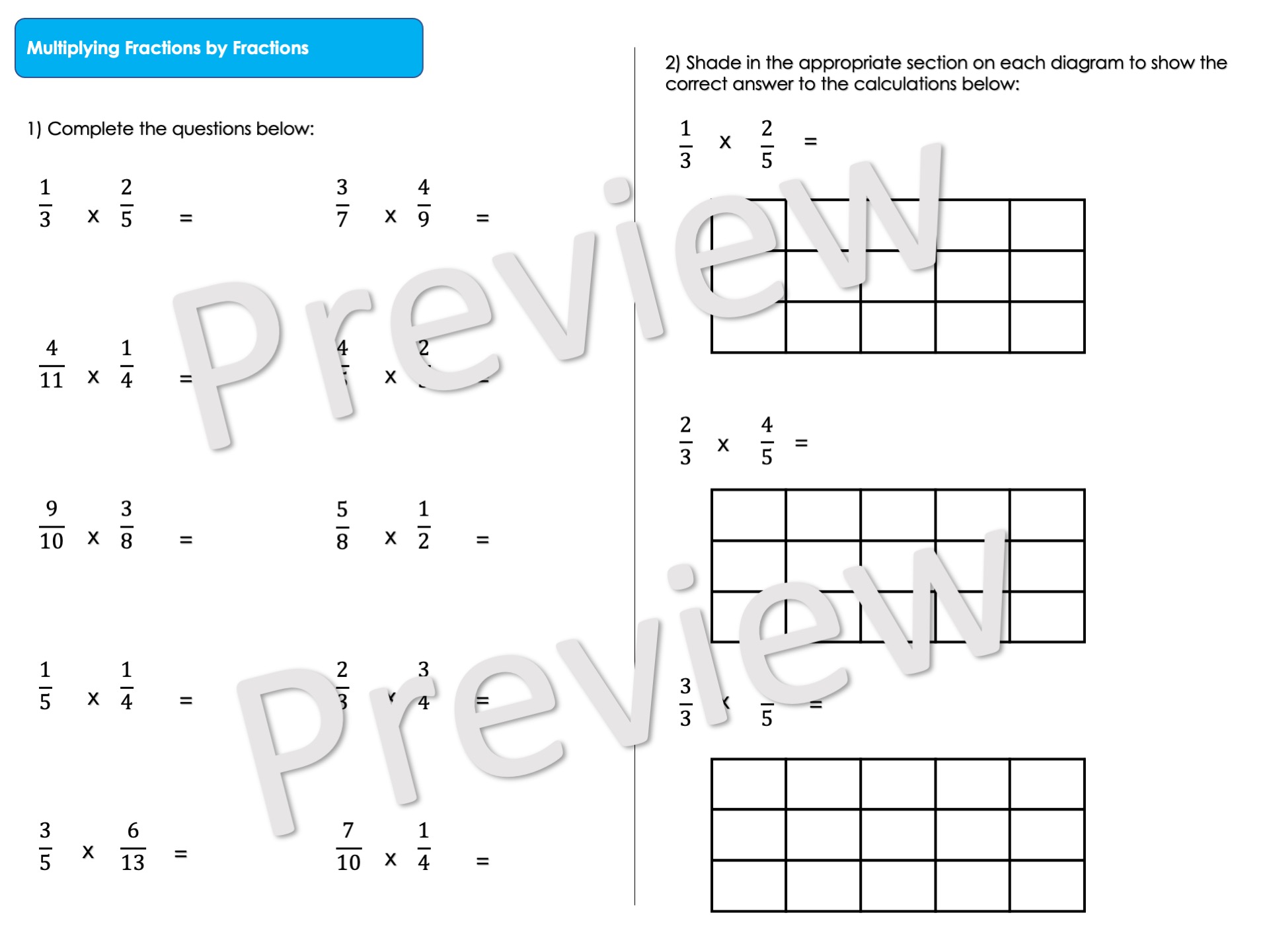 Multiplying Fractions by Fractions Worksheet | Teaching Resources