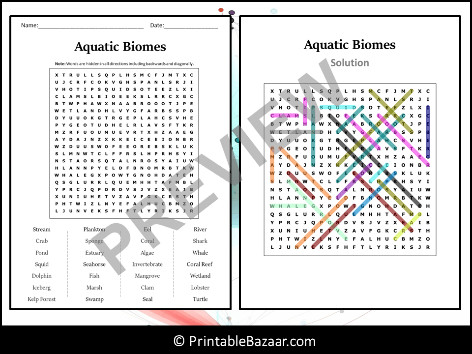 Aquatic Biomes Word Search Puzzle Worksheet Activity Teaching Resources