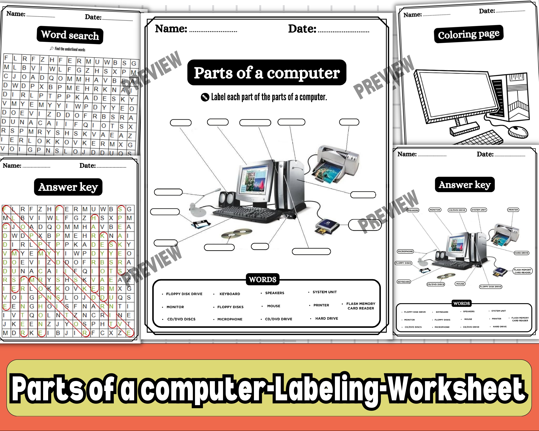 Parts of a Computer Labeling Diagram,Word Search,Coloring,Worksheets