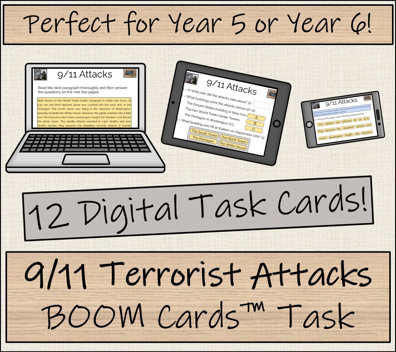 UKS2 9/11 Terrorist Attacks BOOM Cards™ Comprehension Activity