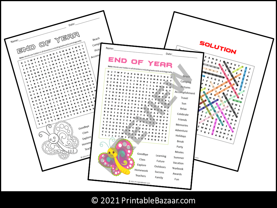 End of Year Word Search Puzzle Teaching Resources