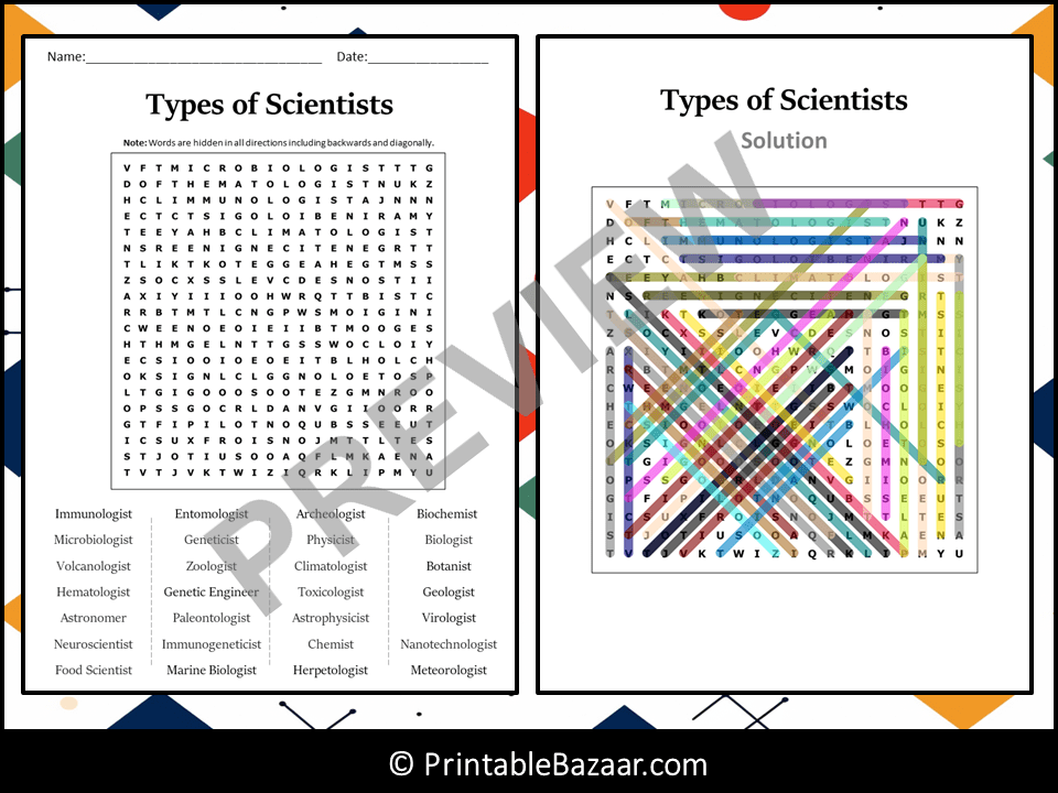 Types of Scientists Word Search Puzzle Worksheet Activity | Teaching
