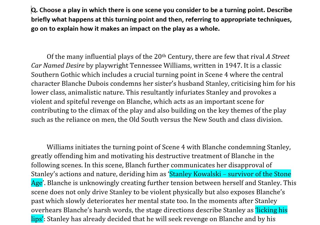 Higher English Model Critical Essay A Streetcar Named Desire (19/20