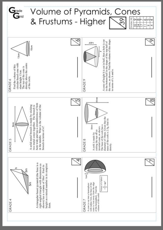 Volume of Cones, Pyramids and Frustums GCSE Grade Grid Teaching Resources