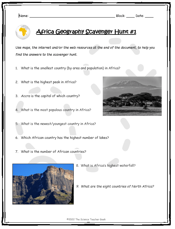 AFRICA GEOGRAPHY WEBQUEST (Scavenger Hunt) Teaching Resources