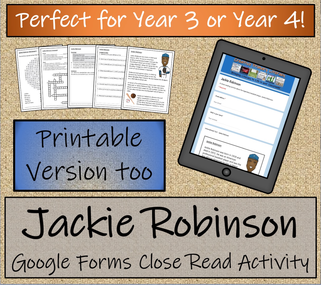 LKS2 Jackie Robinson Reading Comprehension Activity Digital & Print