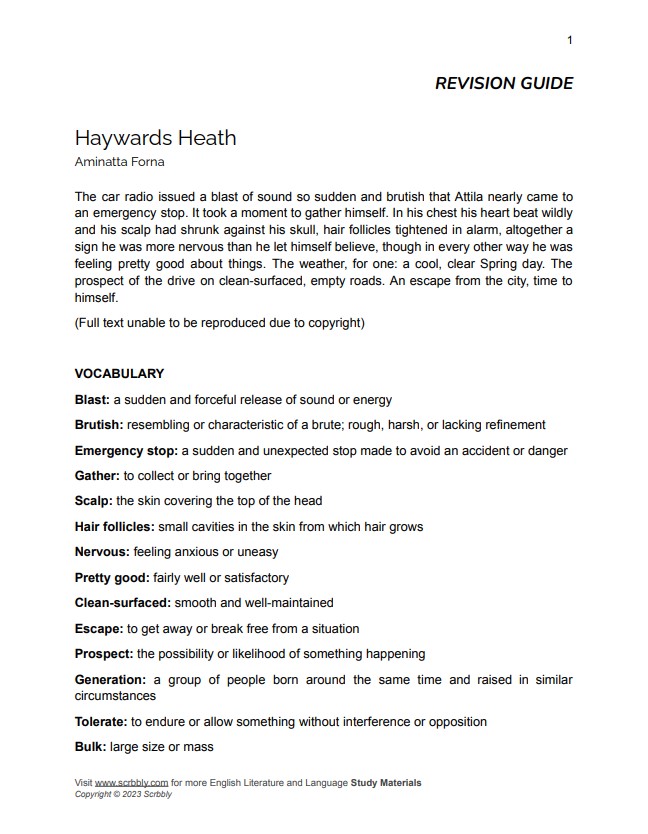 'Haywards Heath' by Aminatta Forna Complete Study Guide Teaching