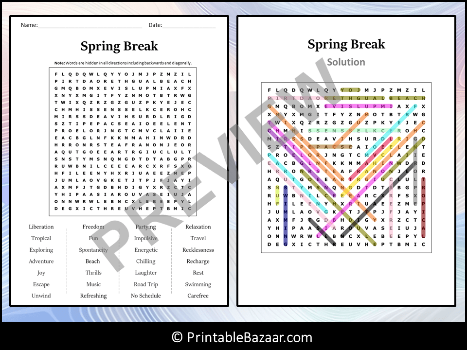 Spring Break Word Search Puzzle Worksheet Activity Teaching Resources
