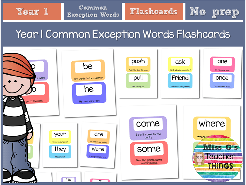 Year 1 Common Exception Words Flashcards with sentences Teaching