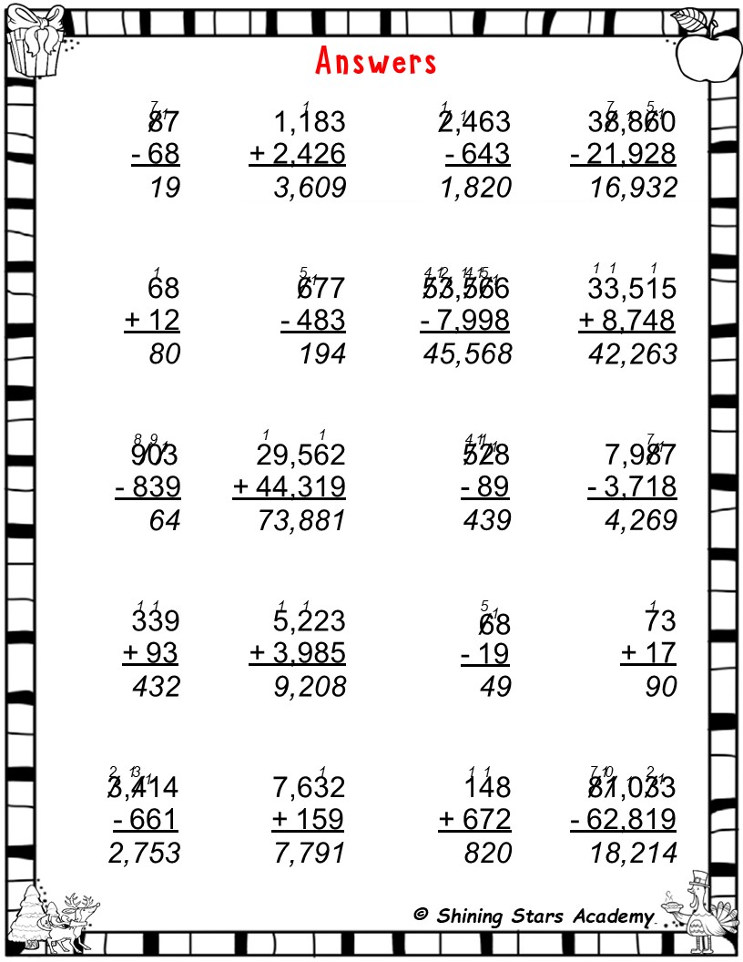 2 -5 Digits Addition & Subtraction Problems With Regrouping Worksheets