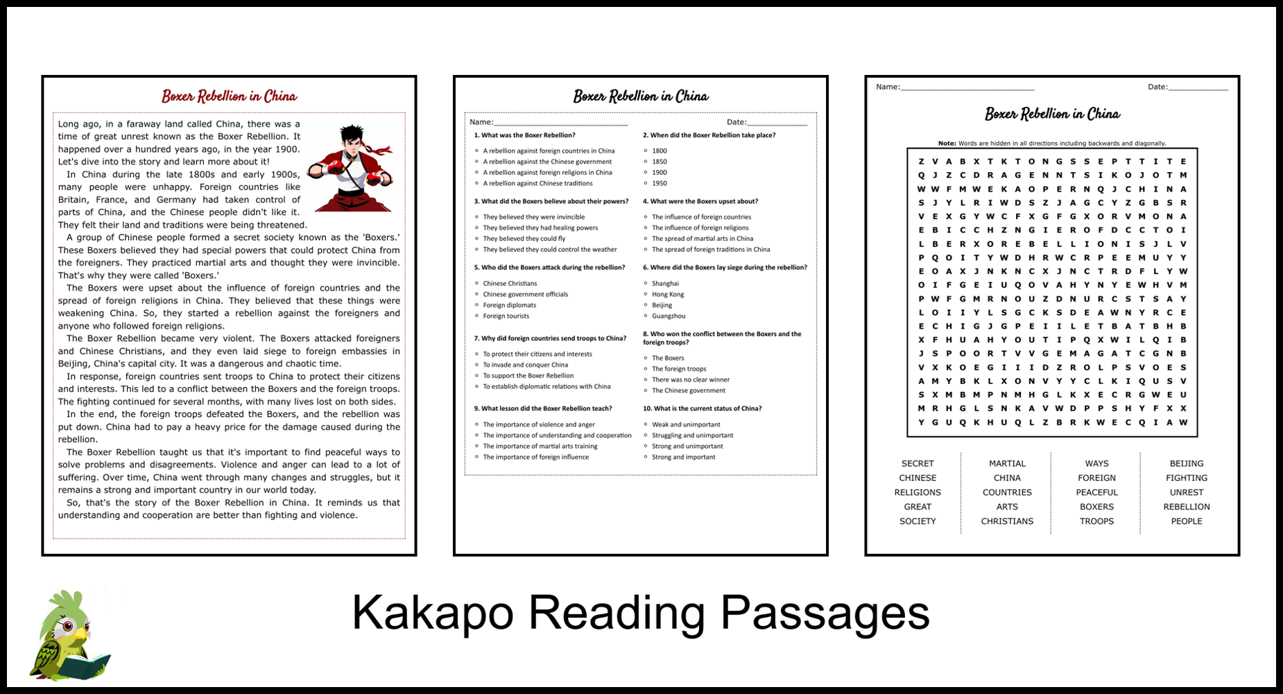 Boxer Rebellion in China Reading Comprehension and Word Search Teaching Resources