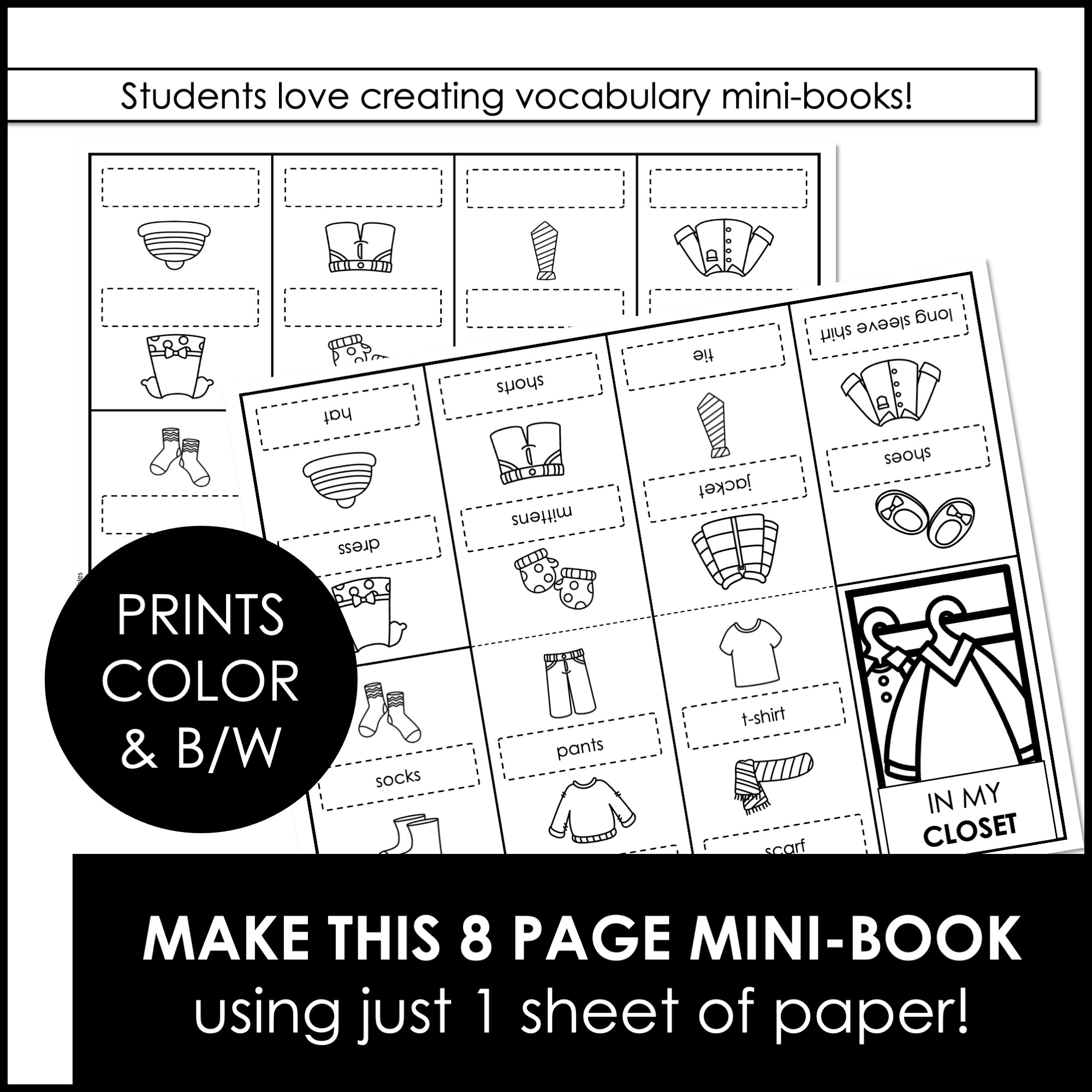 Clothing Clothes Vocabulary MiniBook Basic Vocabulary Picture