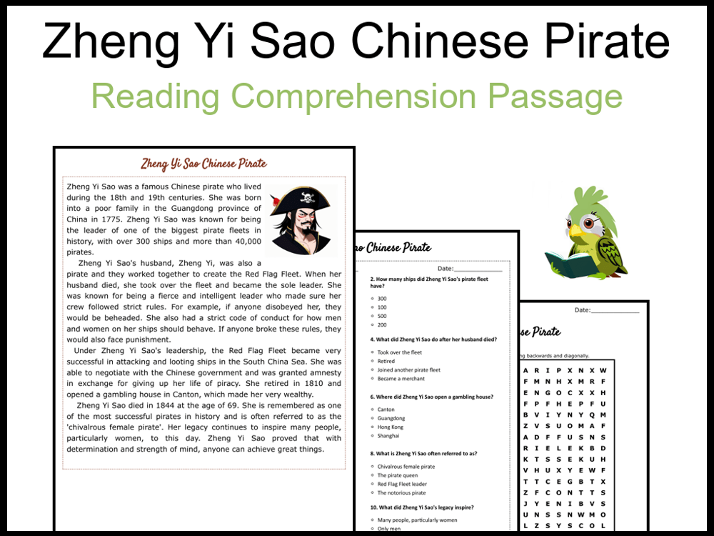 Zheng Yi Sao Chinese Pirate Reading Comprehension and Word Search Teaching Resources