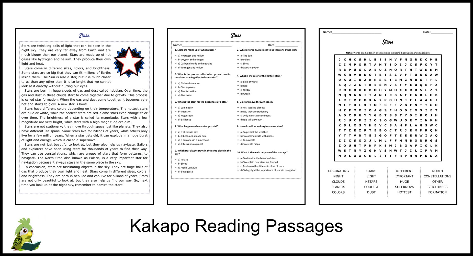 Stars Reading Comprehension and Word Search Teaching Resources