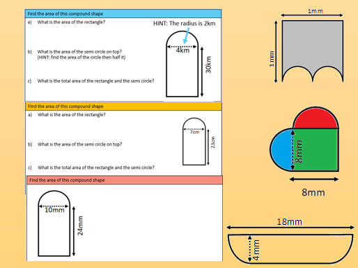 Differentiated area of compound circle shapes worksheet