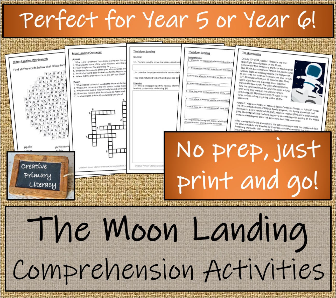UKS2 Moon Landing Reading Comprehension Activity Teaching Resources