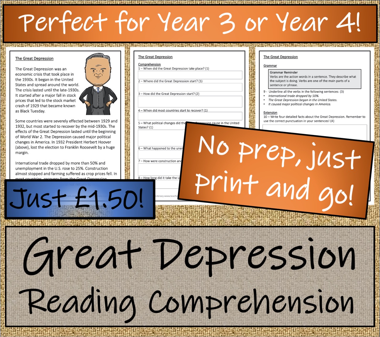 LKS2 The Great Depression Reading Comprehension Activity Teaching