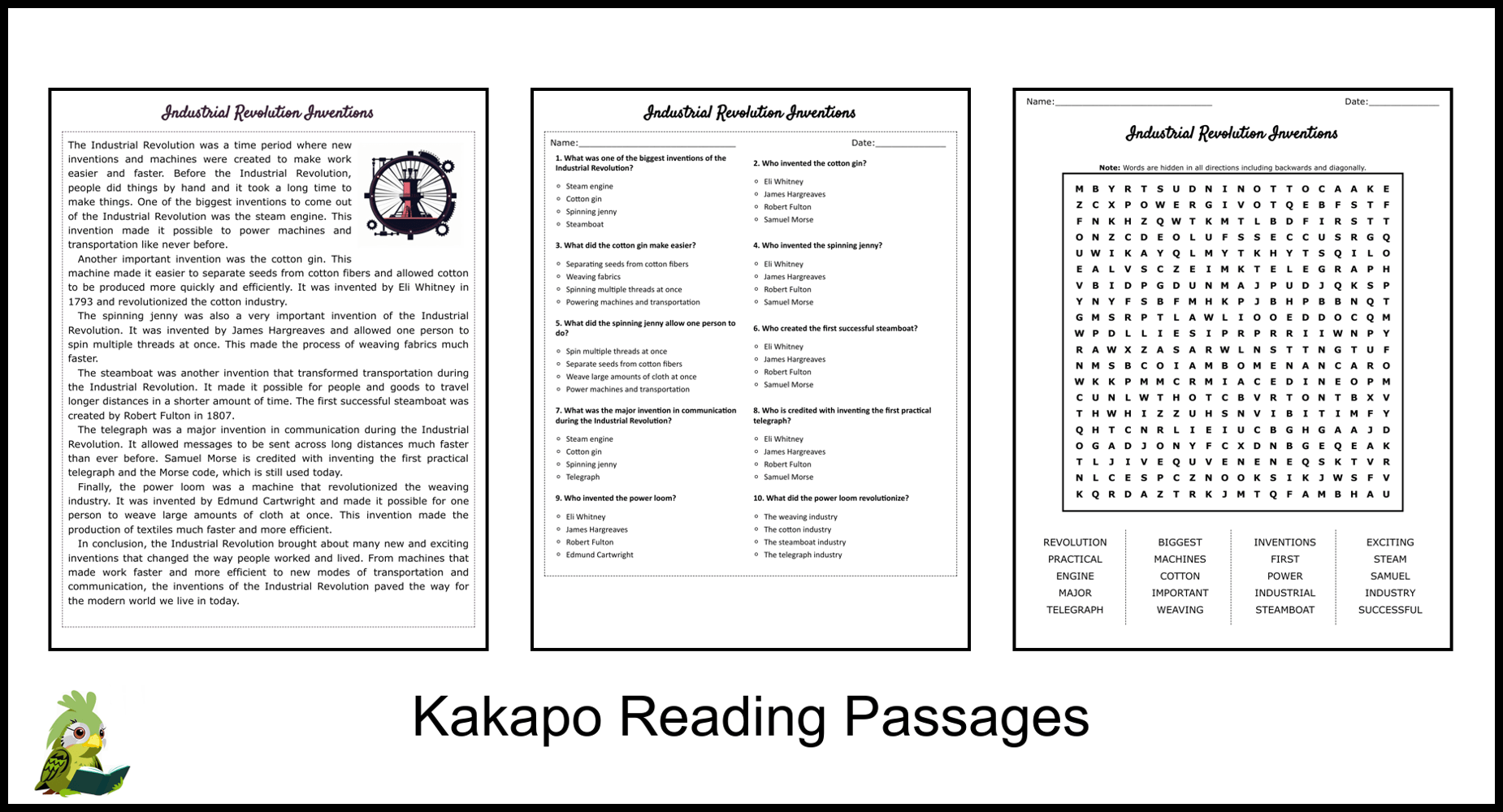 Industrial Revolution Inventions Reading Comprehension and Word Search
