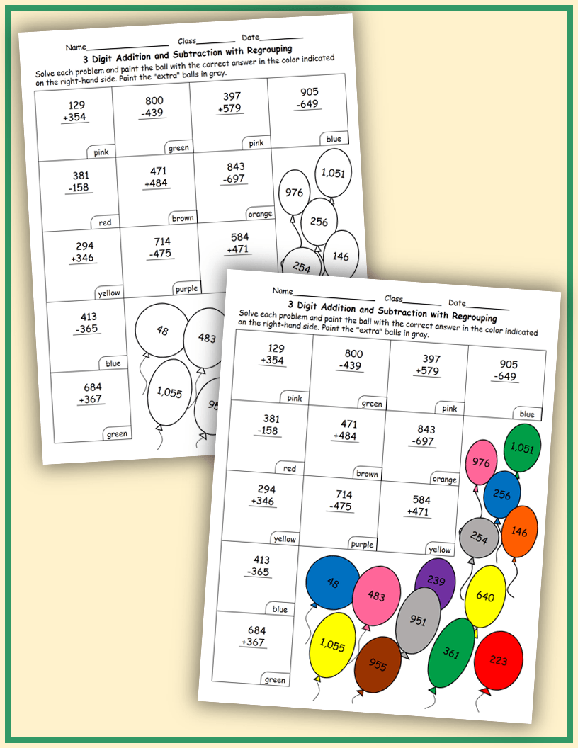 3 Digit Addition and Subtraction with Regrouping Color by