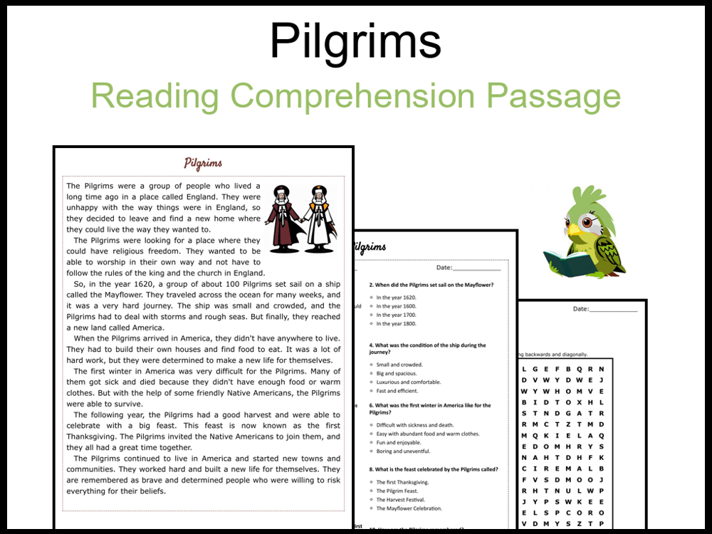 Pilgrims Reading Comprehension and Word Search Teaching Resources