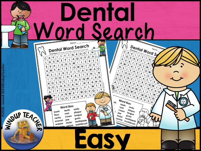 Dental Word Search EASY Puzzle Teaching Resources