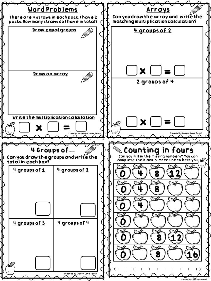 4 Times Tables Multiply by 4 Year 1 Year 2 Worksheets Arrays Equal