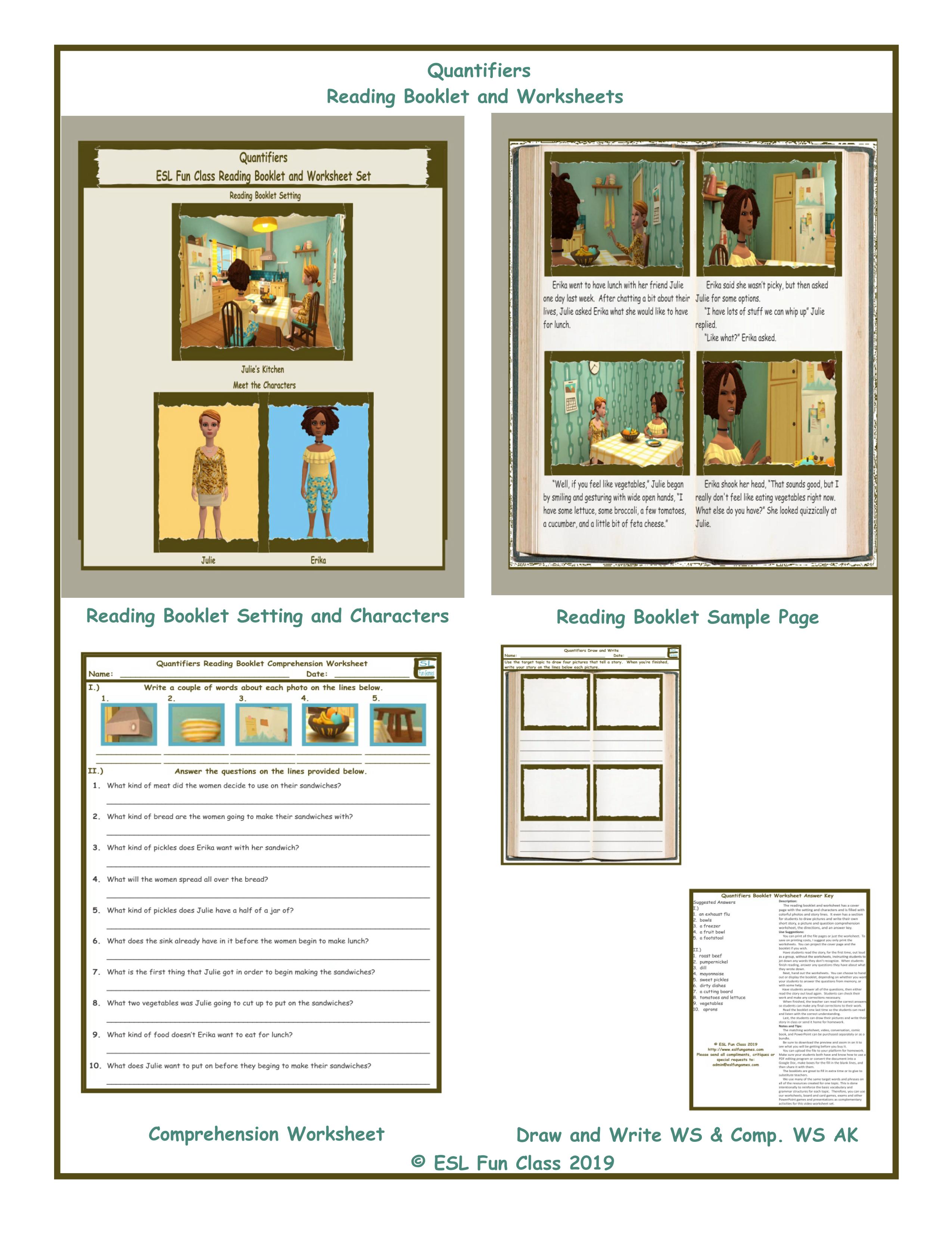 Quantifiers Reading Booklet and Worksheet Teaching Resources
