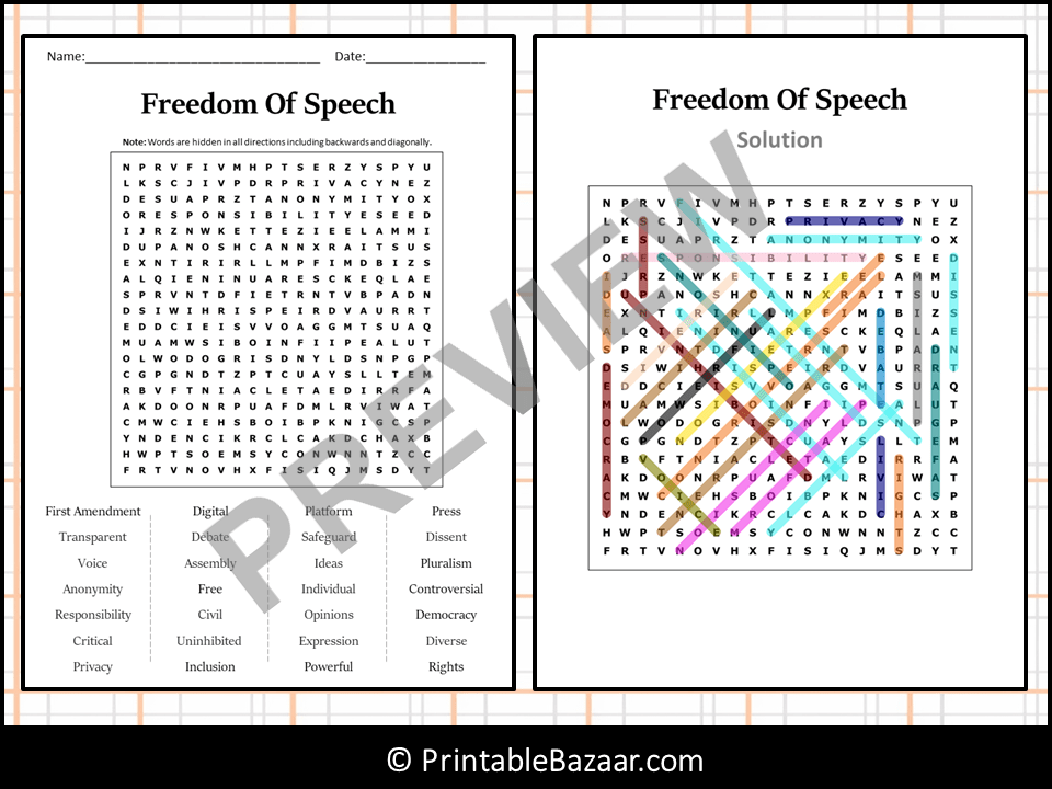 Freedom Of Speech Word Search Puzzle Worksheet Activity Teaching