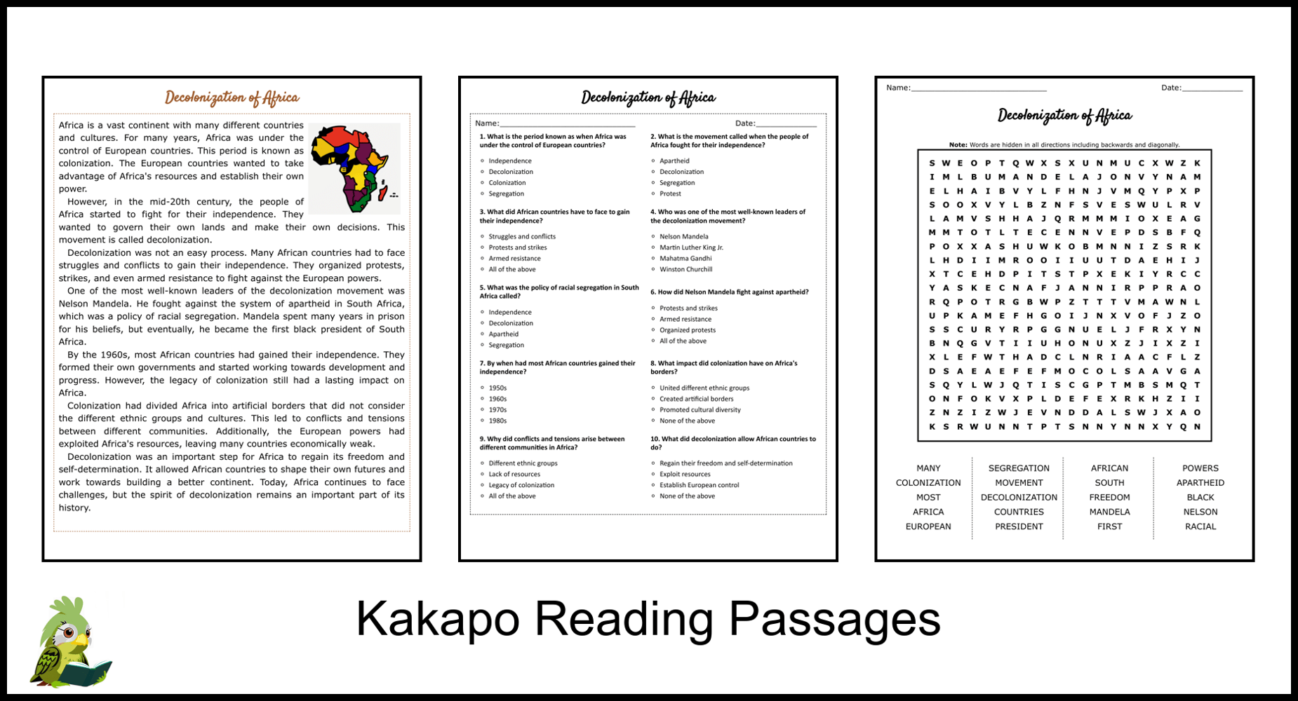 Decolonization of Africa Reading Comprehension and Word Search Teaching Resources