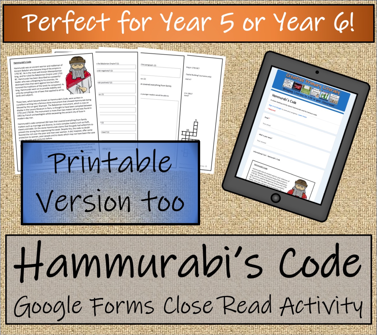 UKS2 Hammurabi's Code Reading Comprehension Activity Digital & Print Teaching Resources