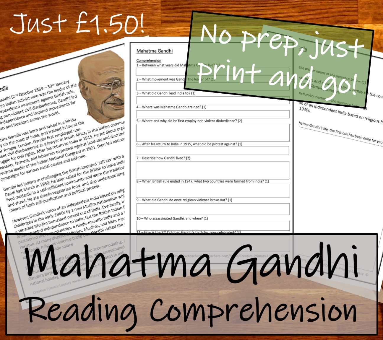 UKS2 Mahatma Gandhi Reading Comprehension Activity Teaching Resources