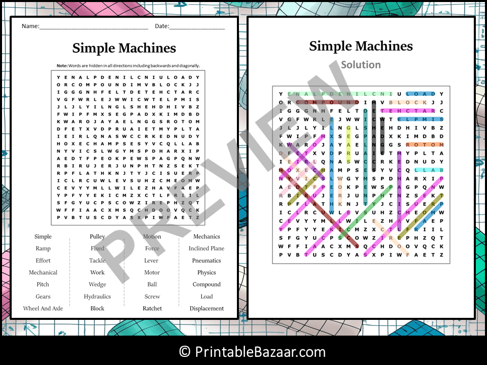 Simple Machines Word Search Puzzle Worksheet Activity Teaching Resources
