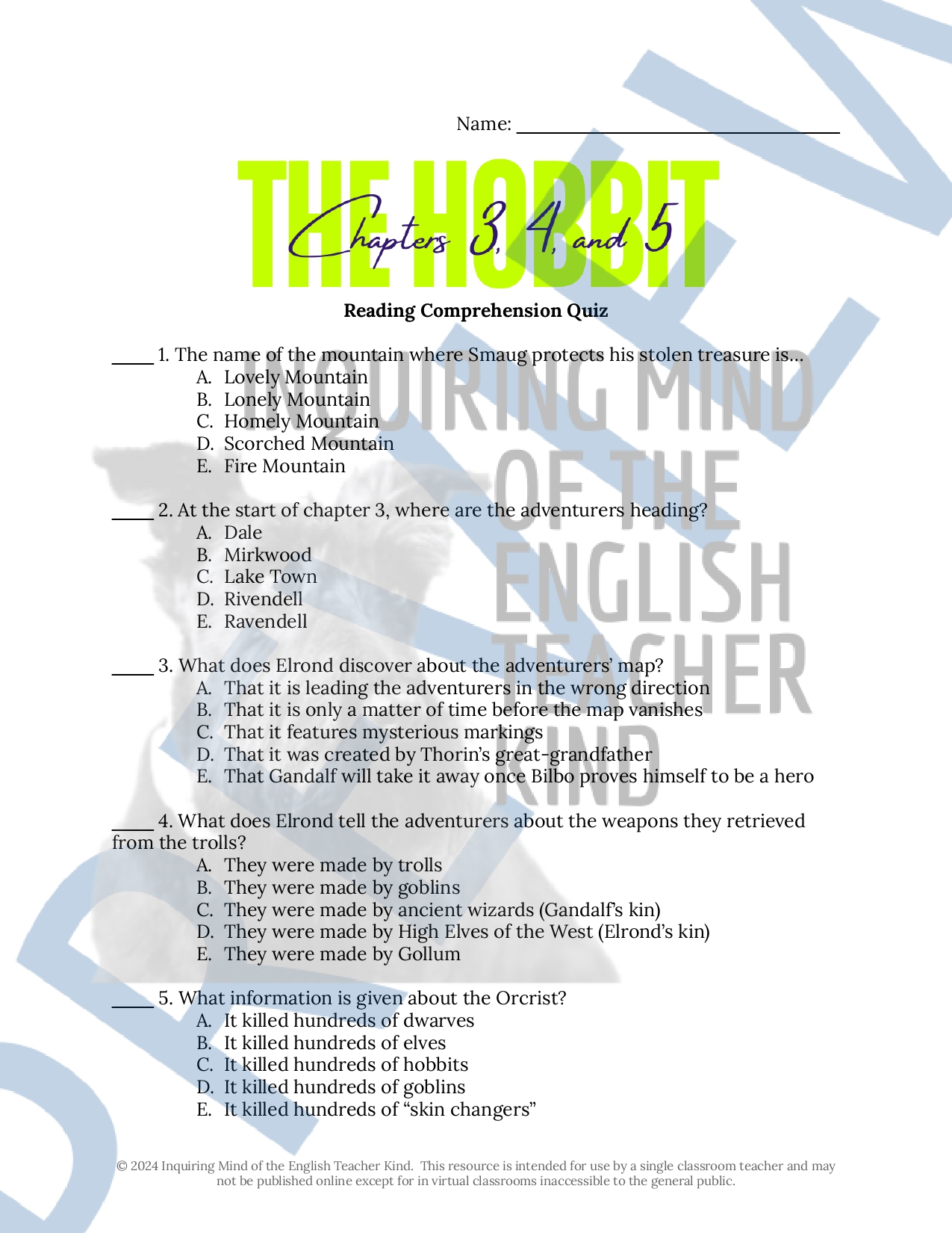 The Hobbit Chapters 3, 4, and 5 Quiz and Answer Key Teaching Resources