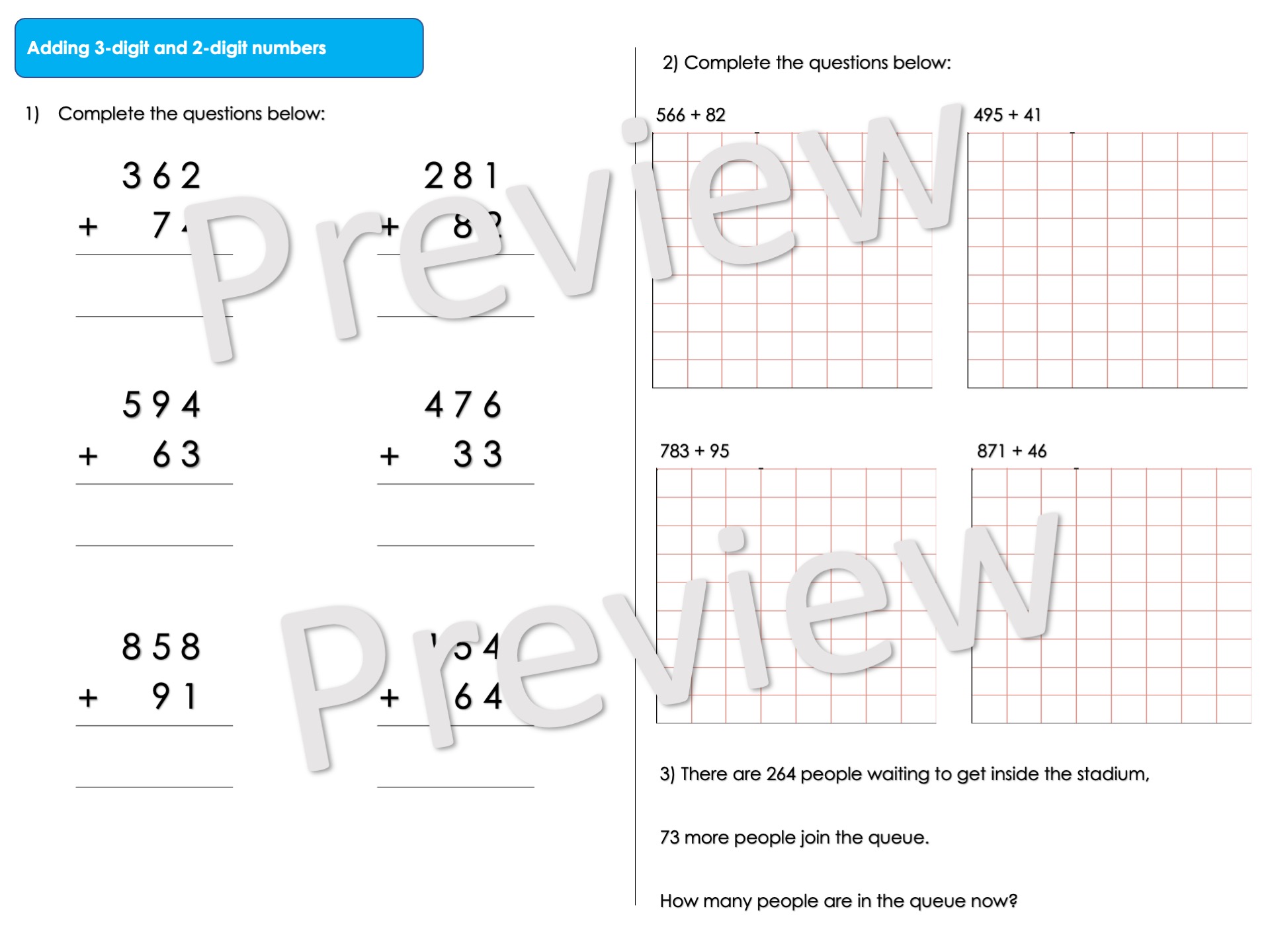 Adding 3digit and 2digit Numbers Worksheet (with exchange) Teaching Resources