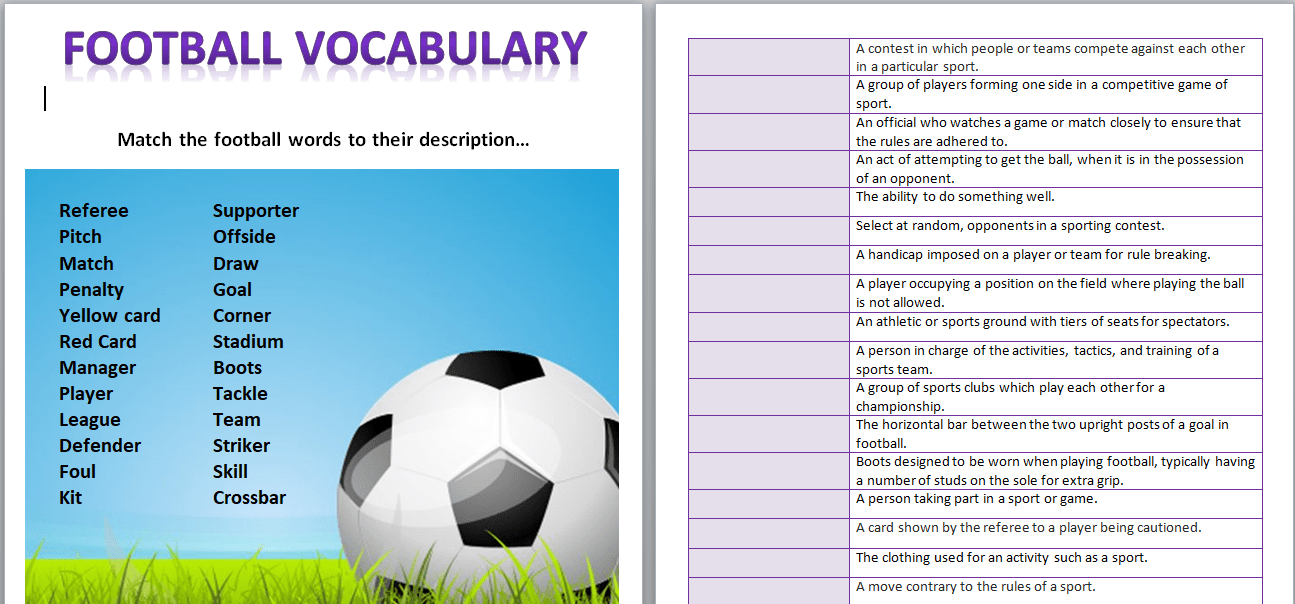PE Physical Education Football Soccer Vocabulary Matching Task