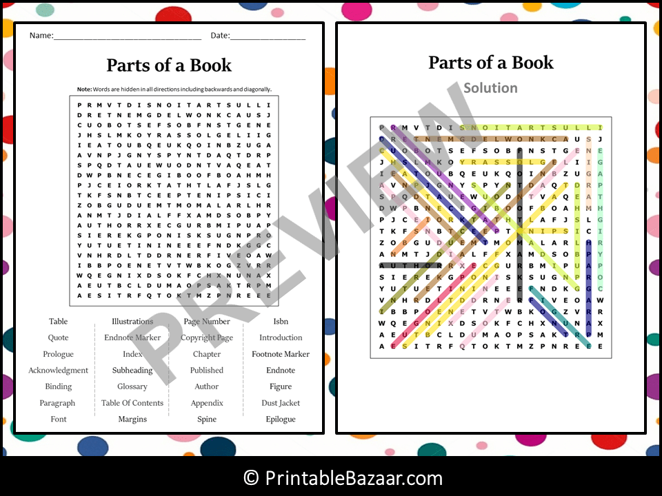 Parts of a Book Word Search Puzzle Worksheet Activity Teaching Resources