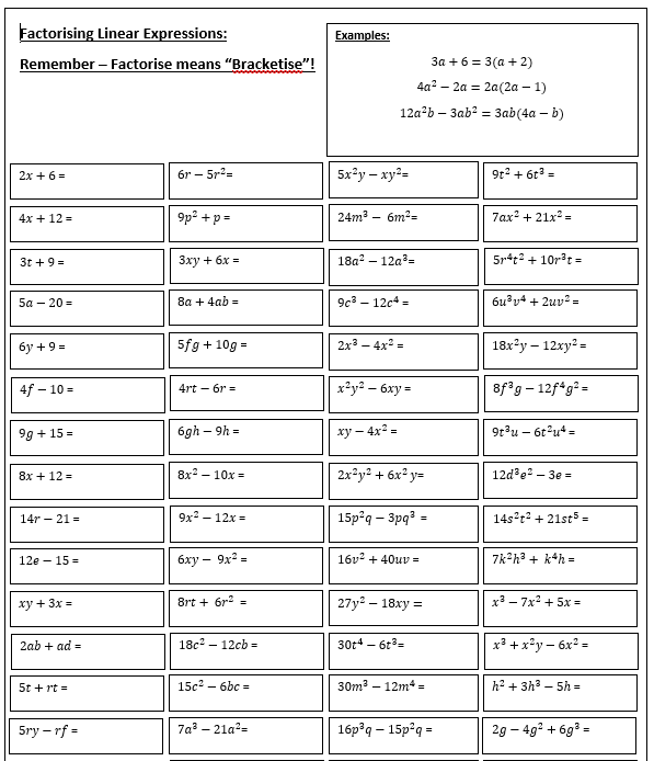 Factorising Worksheets Linear, Quadratics, Coefficients
