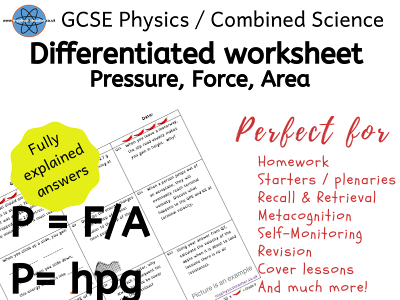 Pressure, Force, Area, Height, Density Equation GCSE