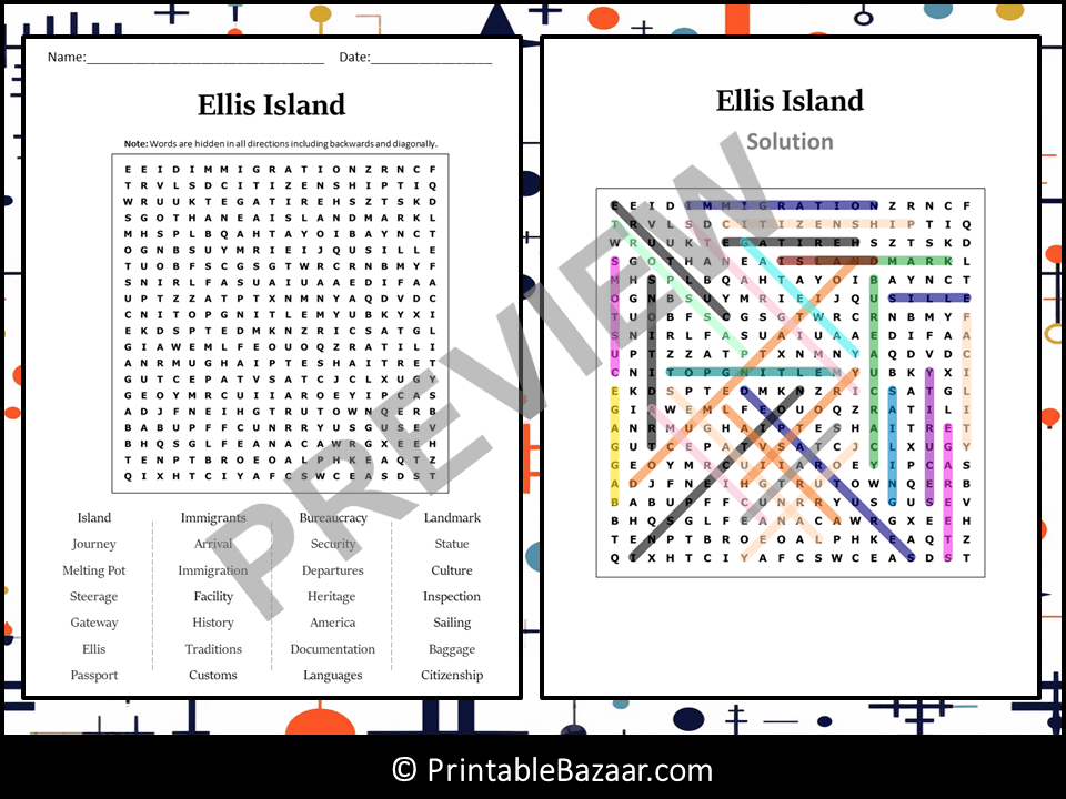 Ellis Island Word Search Puzzle Worksheet Activity Teaching Resources